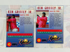 Two trading cards featuring Ken Griffey Jr. with text and graphics on a textured background.