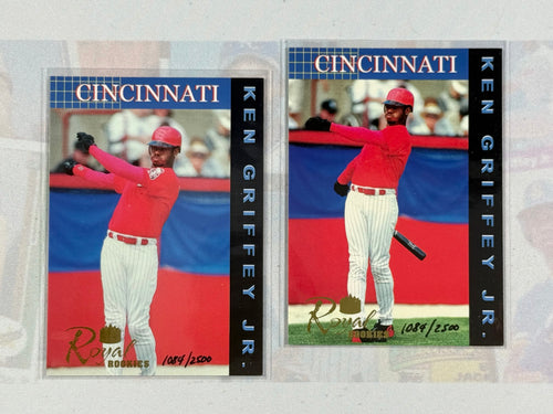 Two baseball trading cards of Ken Griffey Jr. with Cincinnati on a light gray background