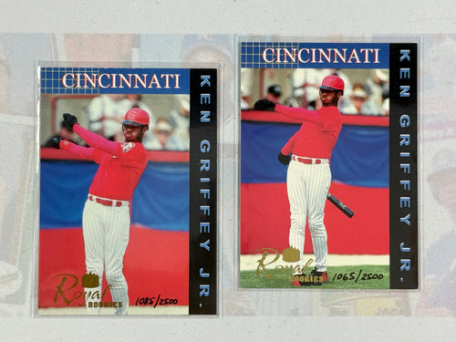 Two trading cards of Ken Griffey Jr. from Cincinnati on a light gray background