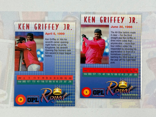 Two trading cards featuring Ken Griffey Jr. on a textured background