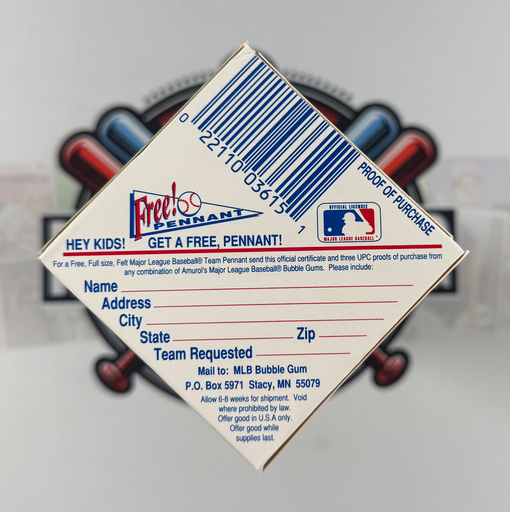 MLB bubble gum packaging with a free Pennant offer on a gray background