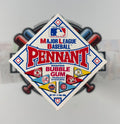Major League Baseball Pennant-shaped bubble gum packaging on a blurred background with baseball elements.