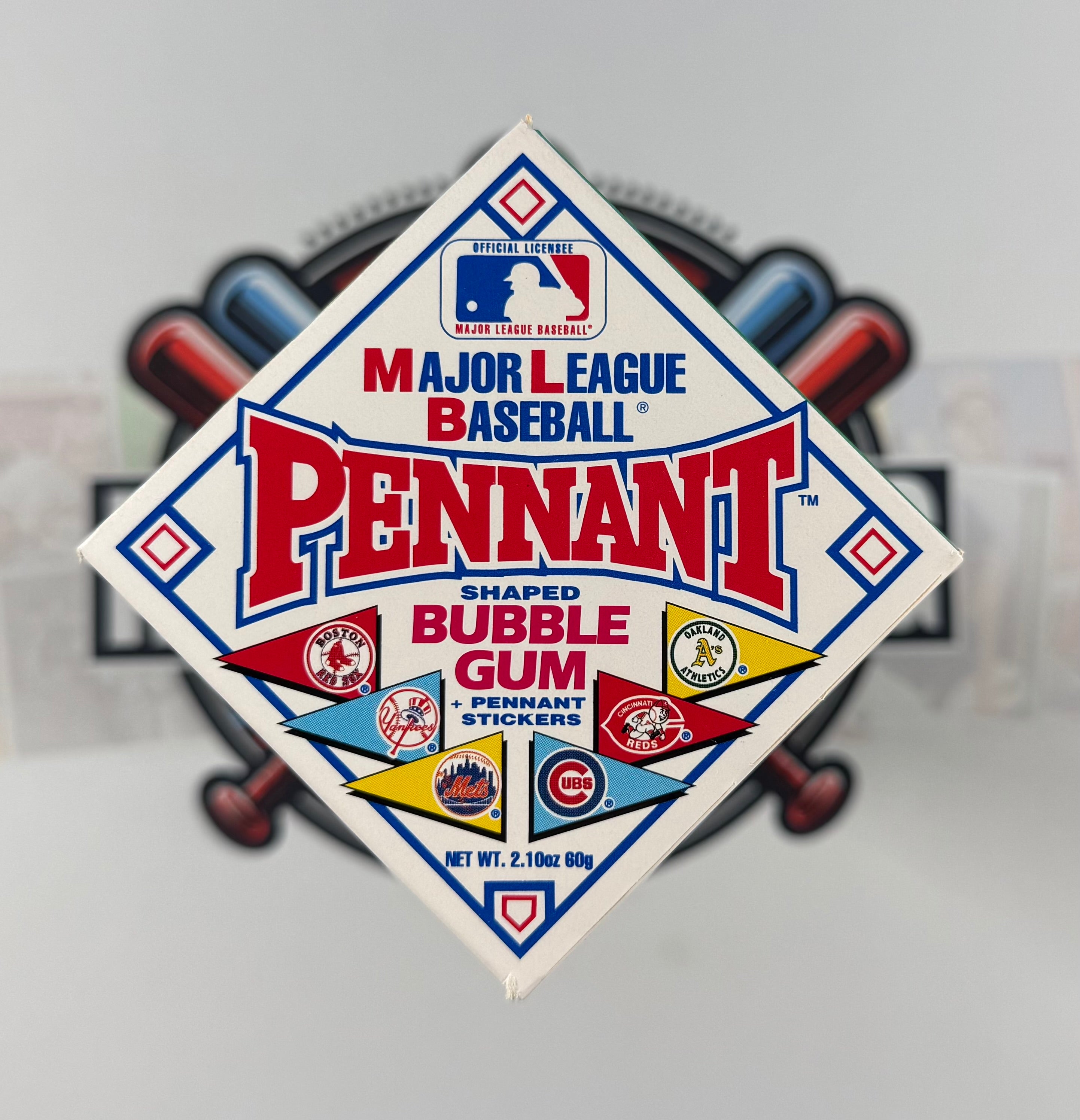 Major League Baseball Pennant-shaped bubble gum packaging on a blurred background with baseball elements.