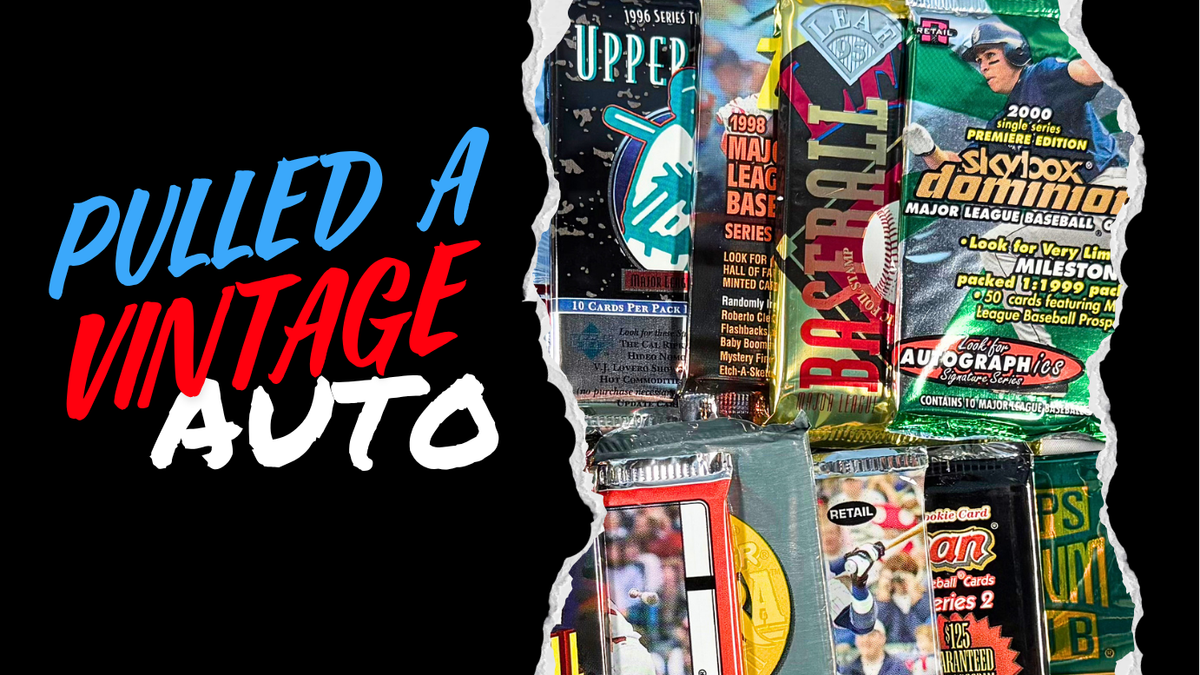 A promotional graphic with the text 'PULLED A VINTAGE AUTO' on a black background, next to a torn-paper collage showing various vintage trading card packs, including Skybox Domino, Upper Deck, and other sports card packs.