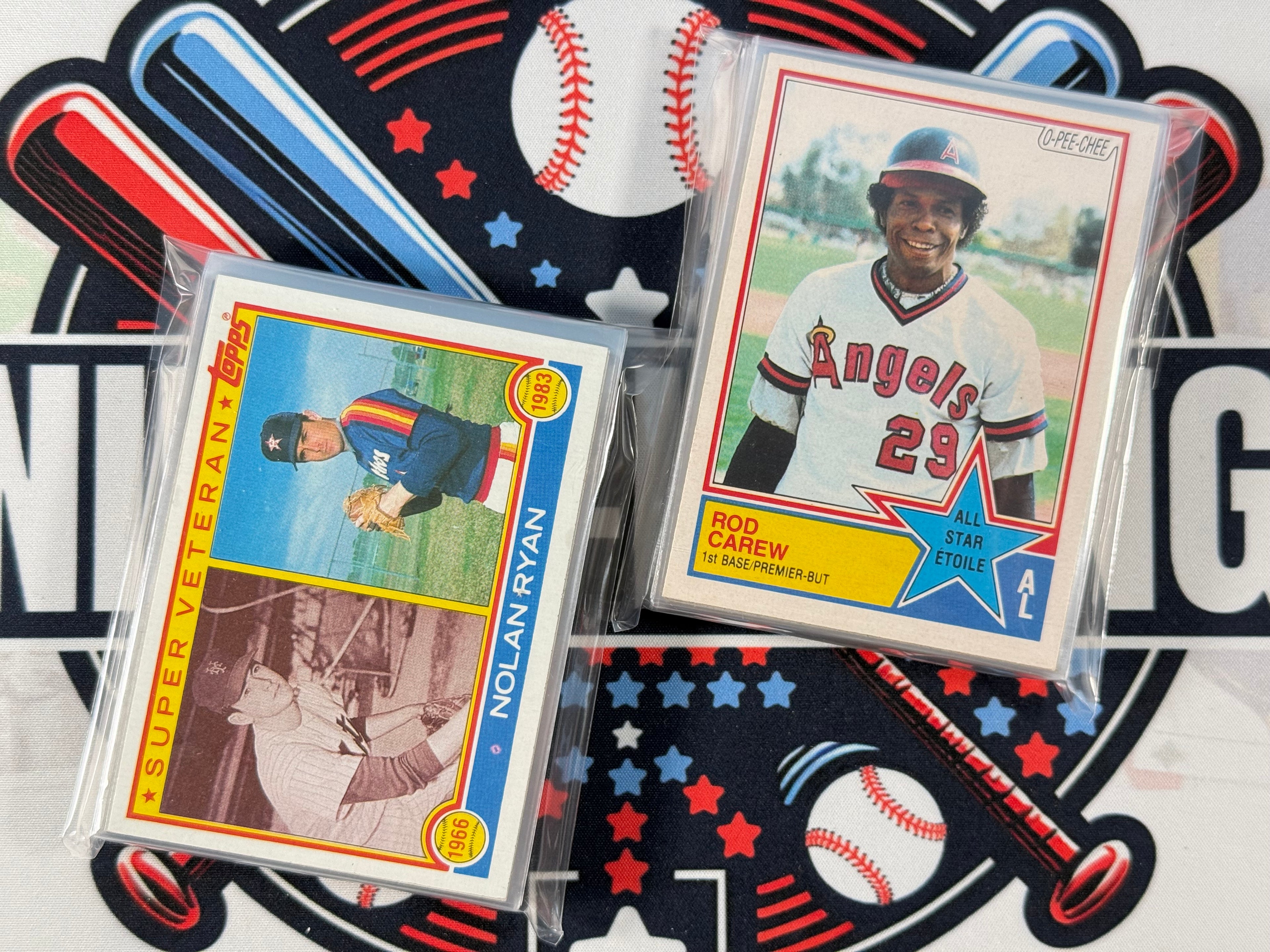 Baseball trading cards featuring players on a background with sports-themed designs.