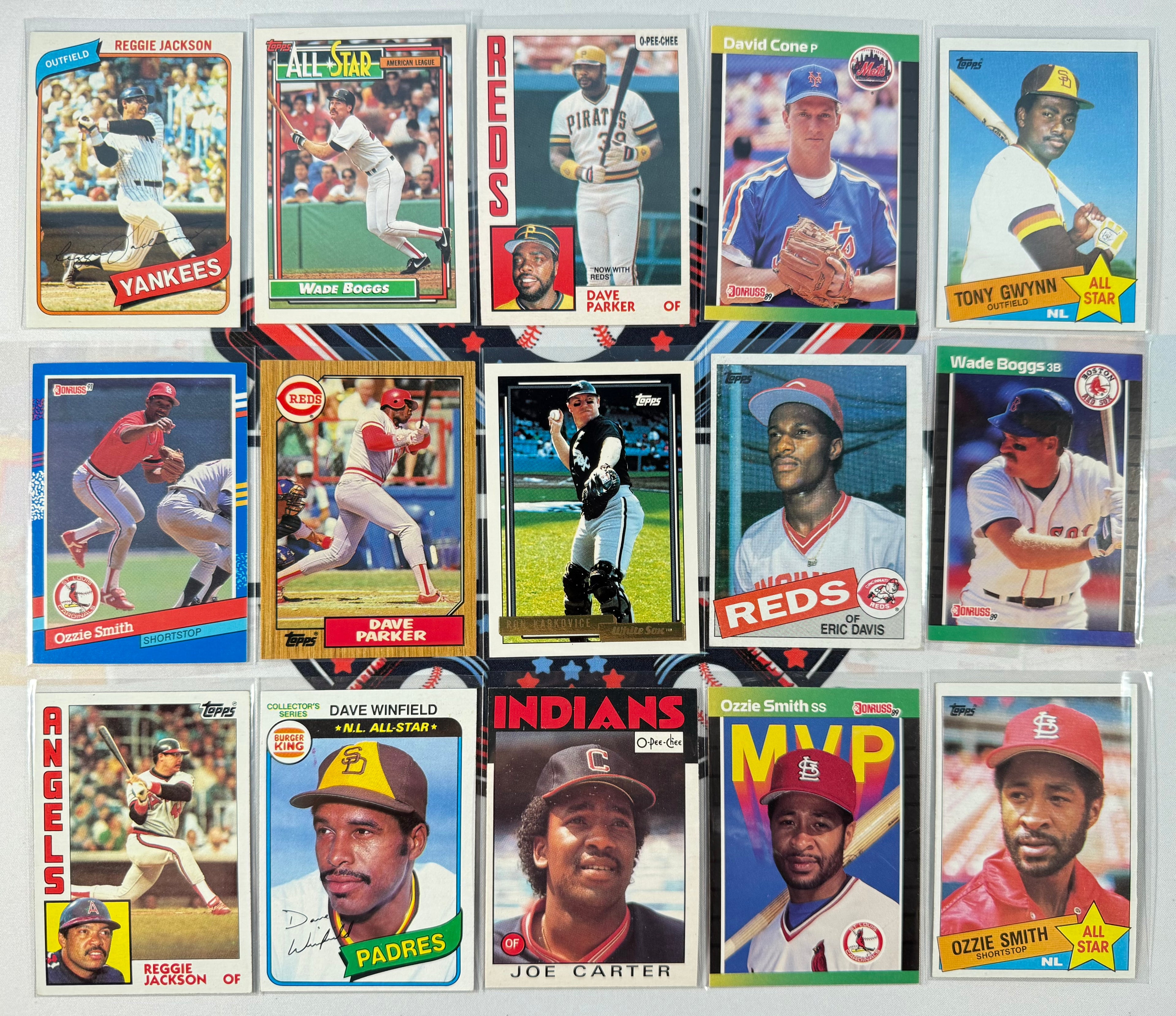 Collection of vintage baseball trading cards featuring various players and teams.