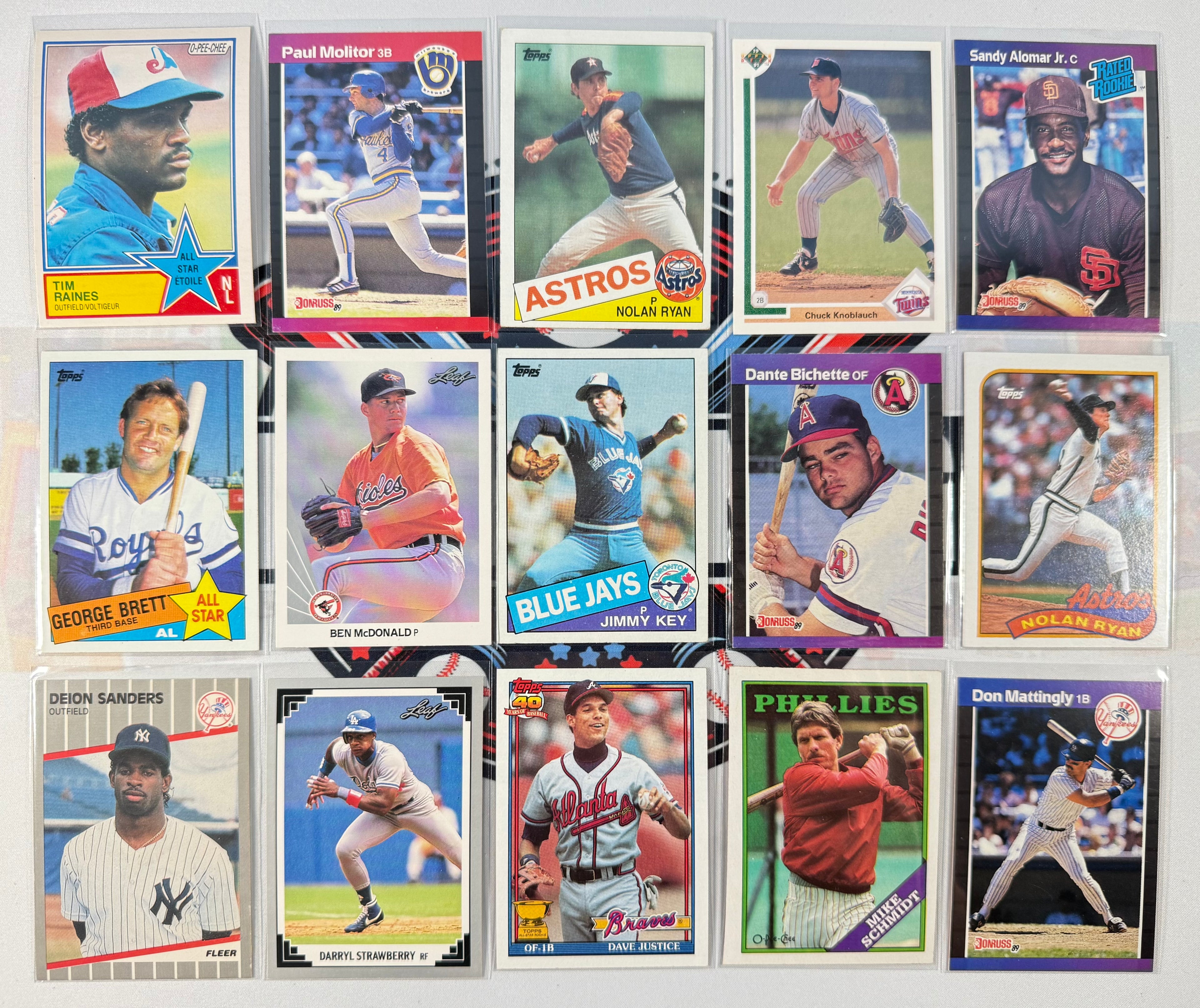 Collection of baseball trading cards featuring various players from different teams.